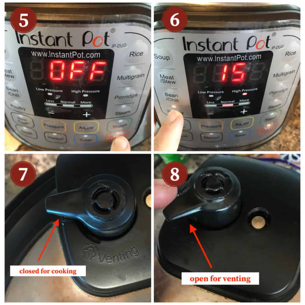 A collage of photos showing how to turn on and safely vent an Instant Pot.
