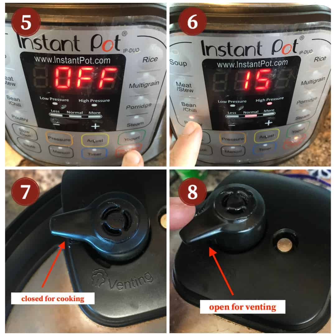 A collage of photos showing how to turn on and safely vent an Instant Pot.