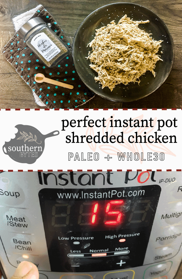 A pinterest image of shredded chicken on a gray plate, a wooden spoon, a brown and green napkin, and a jar of herbes de provence on a gray wood floor on the top and an instant pot on the bottom.