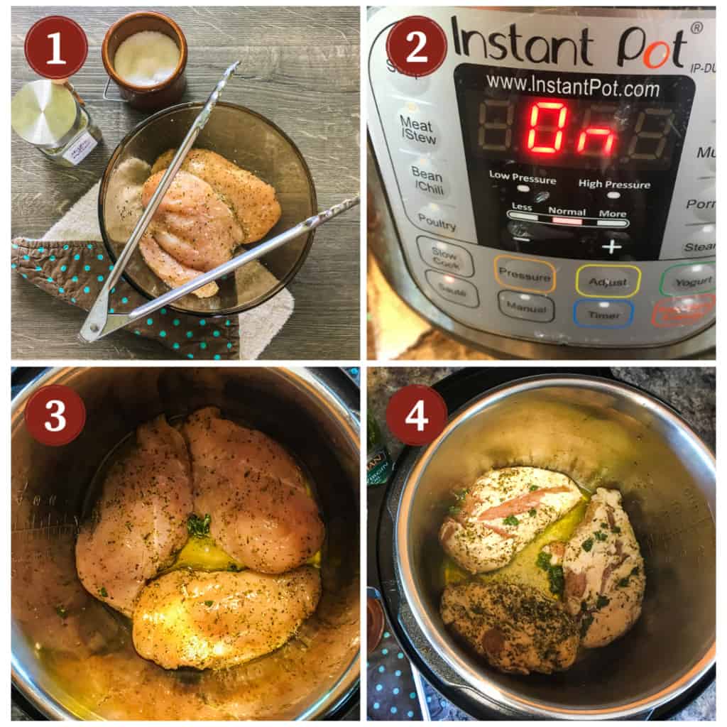 A collage of photos showing how to cook chicken breast in an Instant Pot.