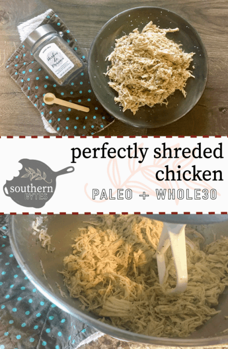 A pinterest image of shredded chicken on a gray plate, a wooden spoon, a brown and green napkin, and a jar of herbes de provence on a gray wood floor on the top and chicken being shredded in a mixer on the bottom.