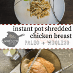 Shredded chicken on a white plate with orange flowers and a small wooden spoon on a gray wood floor, a title and logo, and raw chicken breasts and tongs in a brown glass bowl.