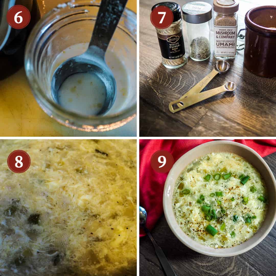 A collage of photos showing the process of making homemade egg drop soup, steps 6-9.