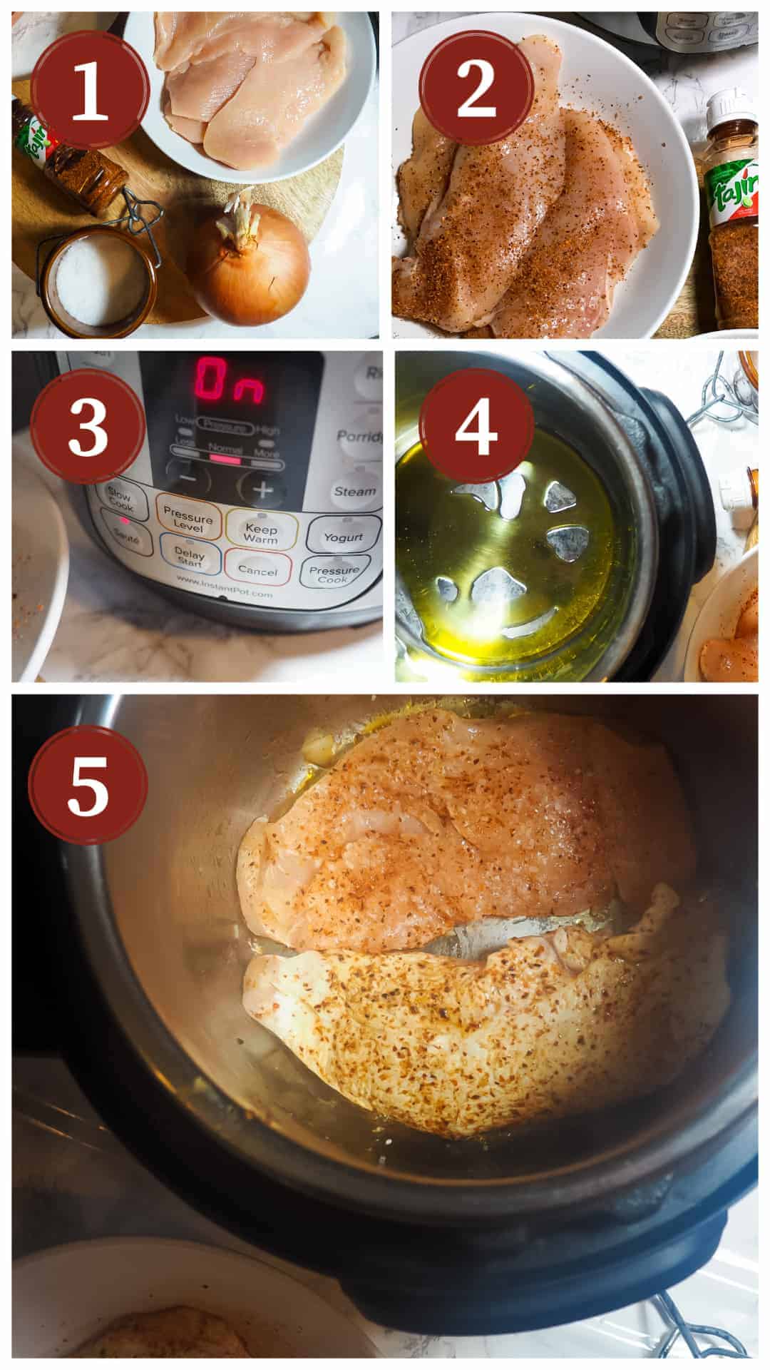 A process collage of images for making chili lime chicken an instant pot, steps 6 - 10.