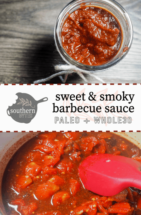 A jar of barbecue sauce with a ribbon around the top on a gray wooden background with a pot of sauce cooking.