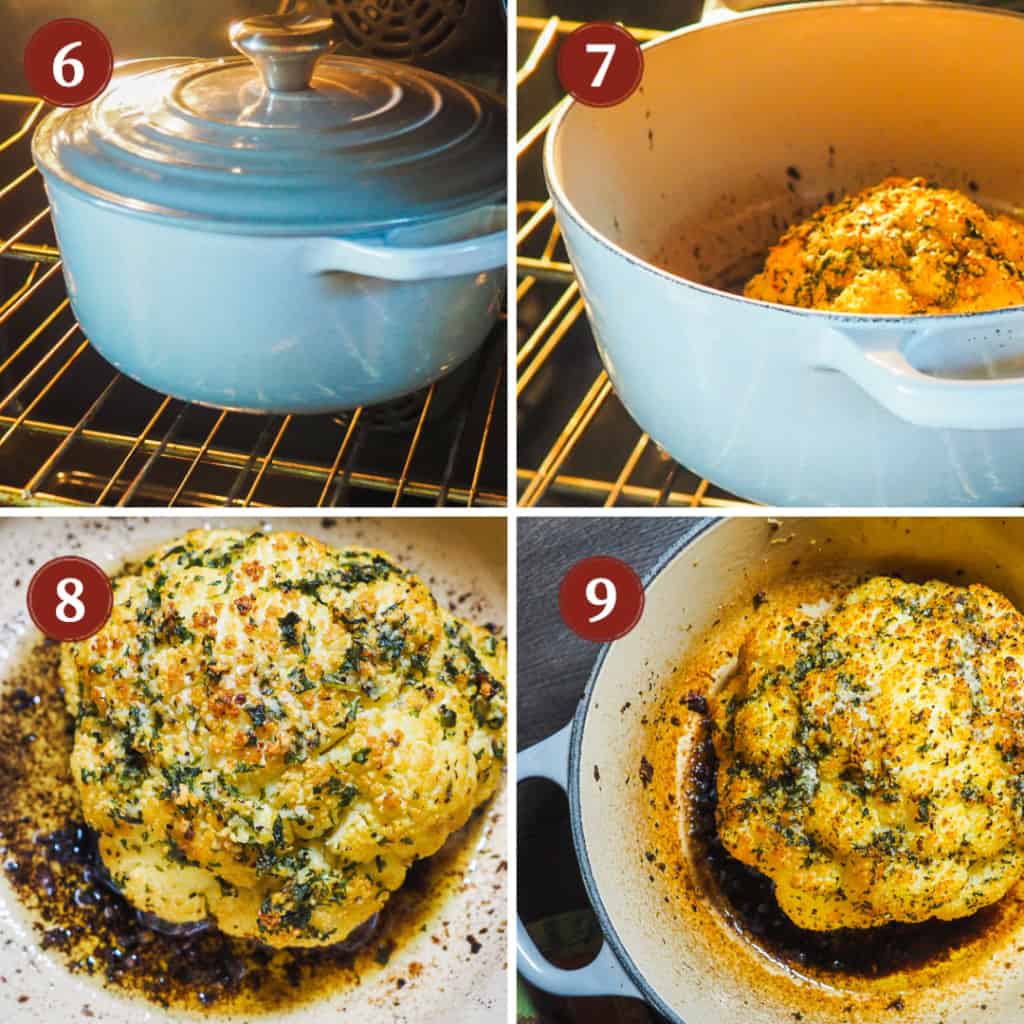 A collage of images showing the process of roasted a head of cauliflower. Steps 6 -9.