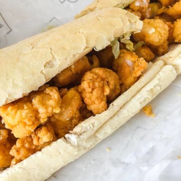 A fully dressed shrimp po-boy from the Parkway Diner in New Orleans, Louisiana.