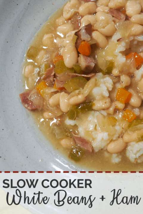 White beans and ham soup in a gray bowl on a white wooden background with a bag of spilled Camellia Brand White Northern Beans.