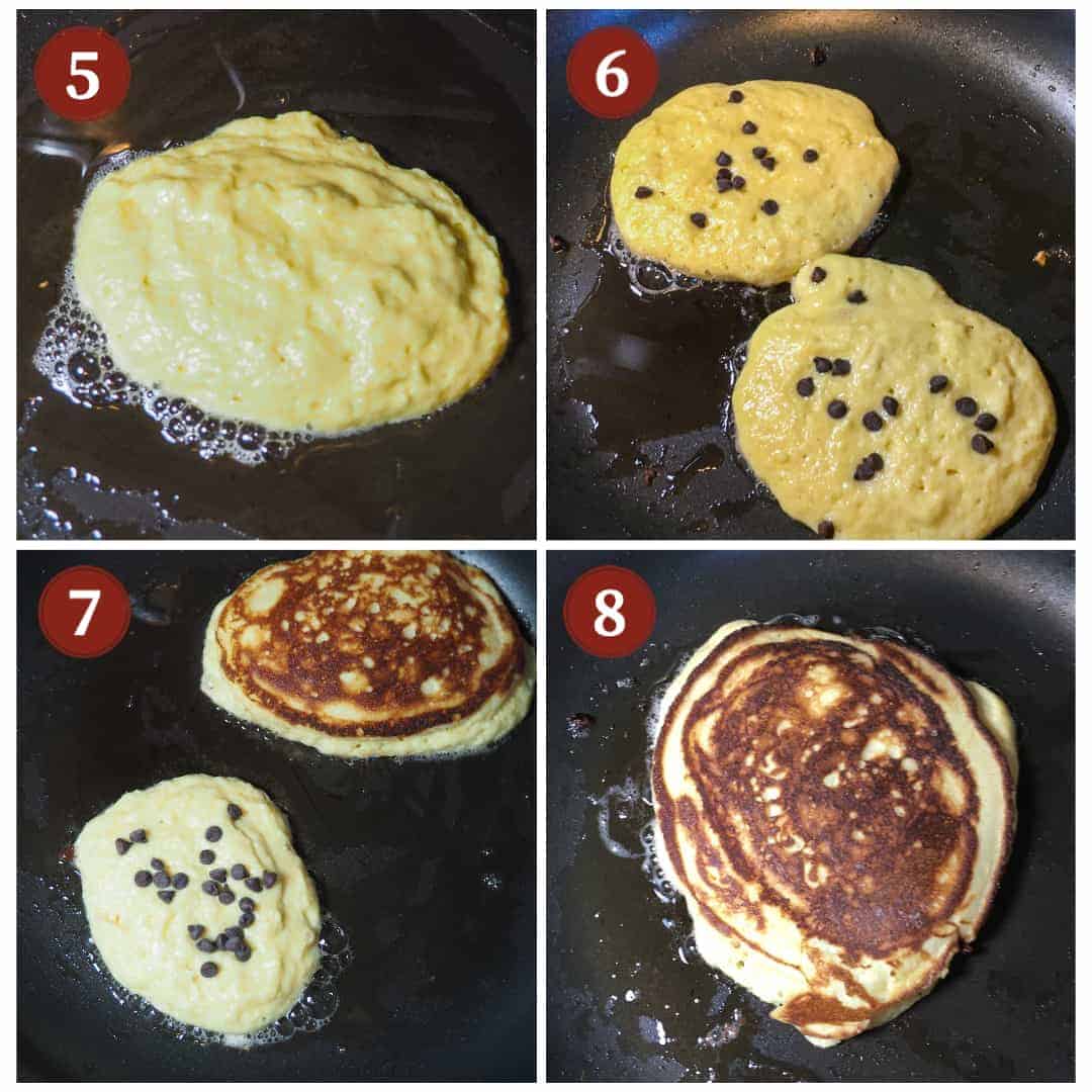 The process of cooking paleo chocolate chip pancakes in a collage.