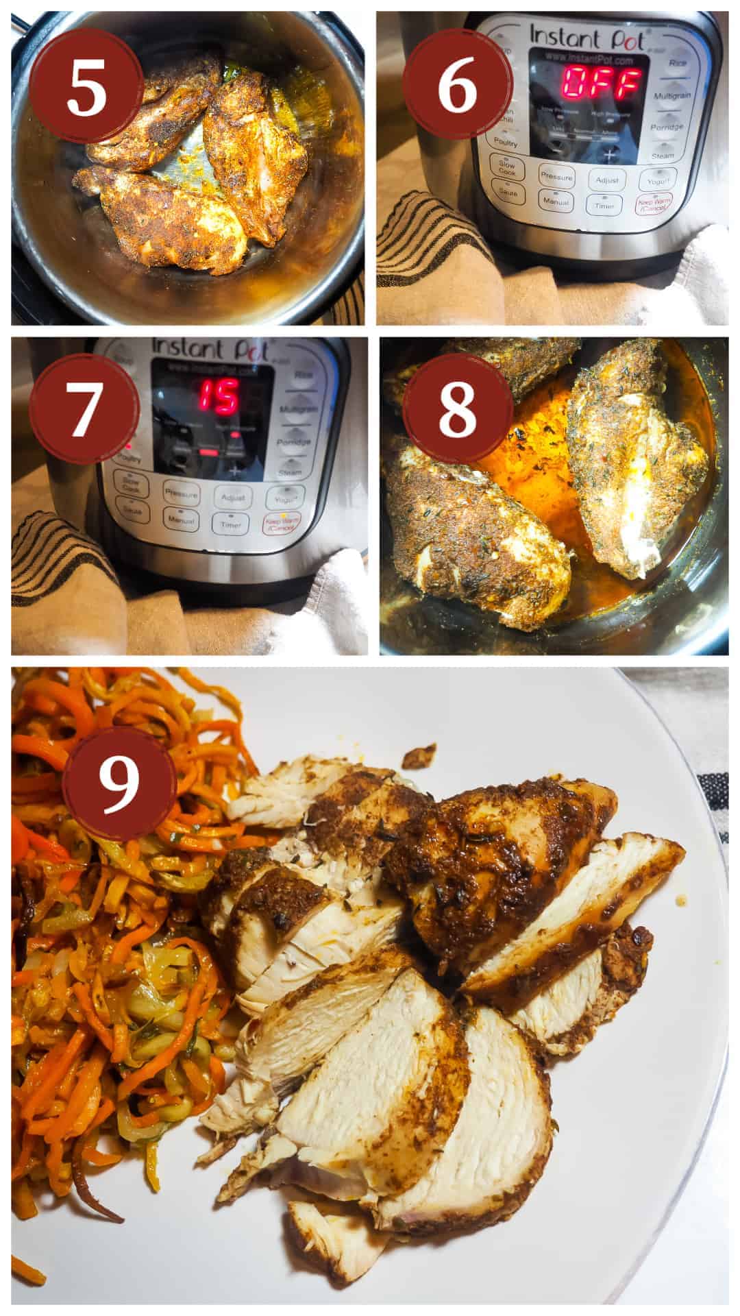 A collage of images of the process of cooking Jamaican Jerk Chicken in an Instant Pot. Steps 5 - 9.