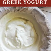 A pin image of a bowl of greek yogurt straining in cheesecloth.