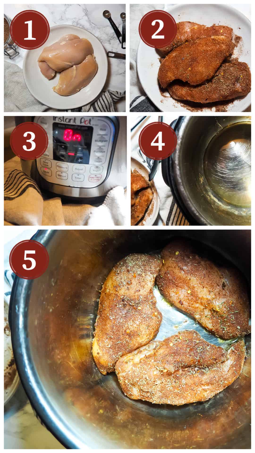 A collage of images of the process of cooking Jamaican Jerk Chicken in an Instant Pot. Steps 1-5.