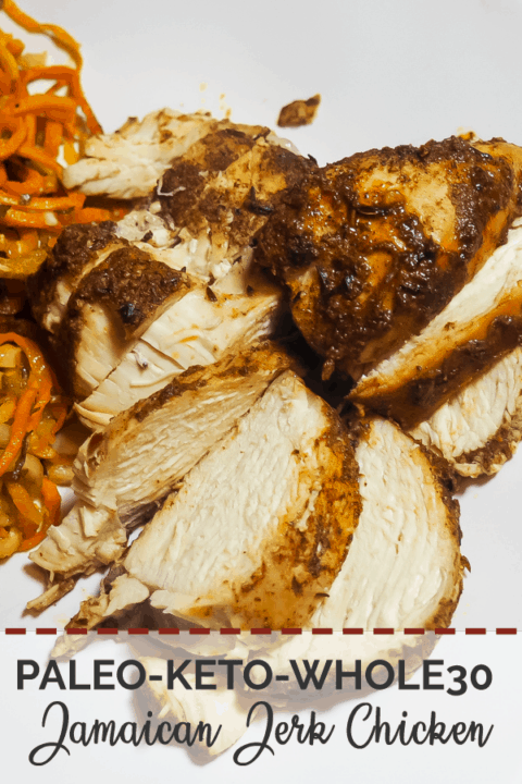 A zoomed in pin image of a white plate with crispy sweet potato noodles and sliced Jamaican Jerk Chicken.