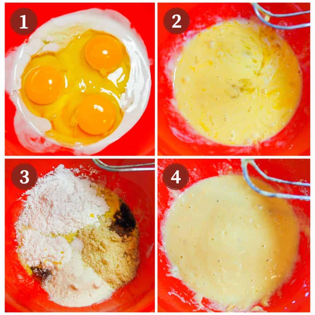 A photo collage of the process for making paleo chocolate chip pancakes using a red Pioneer woman mixing bowl and a Cuisinart hand mixer.