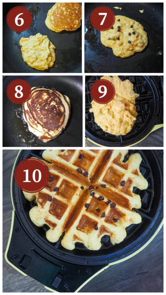 A photo collage of the process for making paleo sweet potato chocolate chip pancakes and waffles.