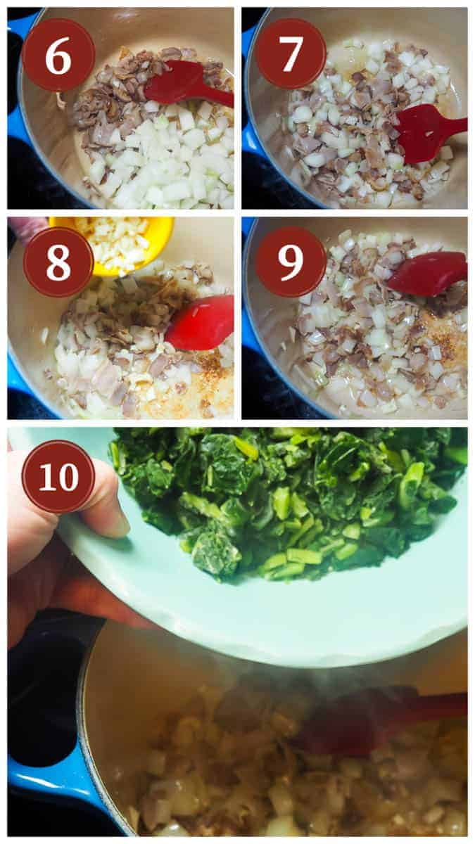 A collage of pictures showing the process of cooking collard greens, steps 6 - 10.