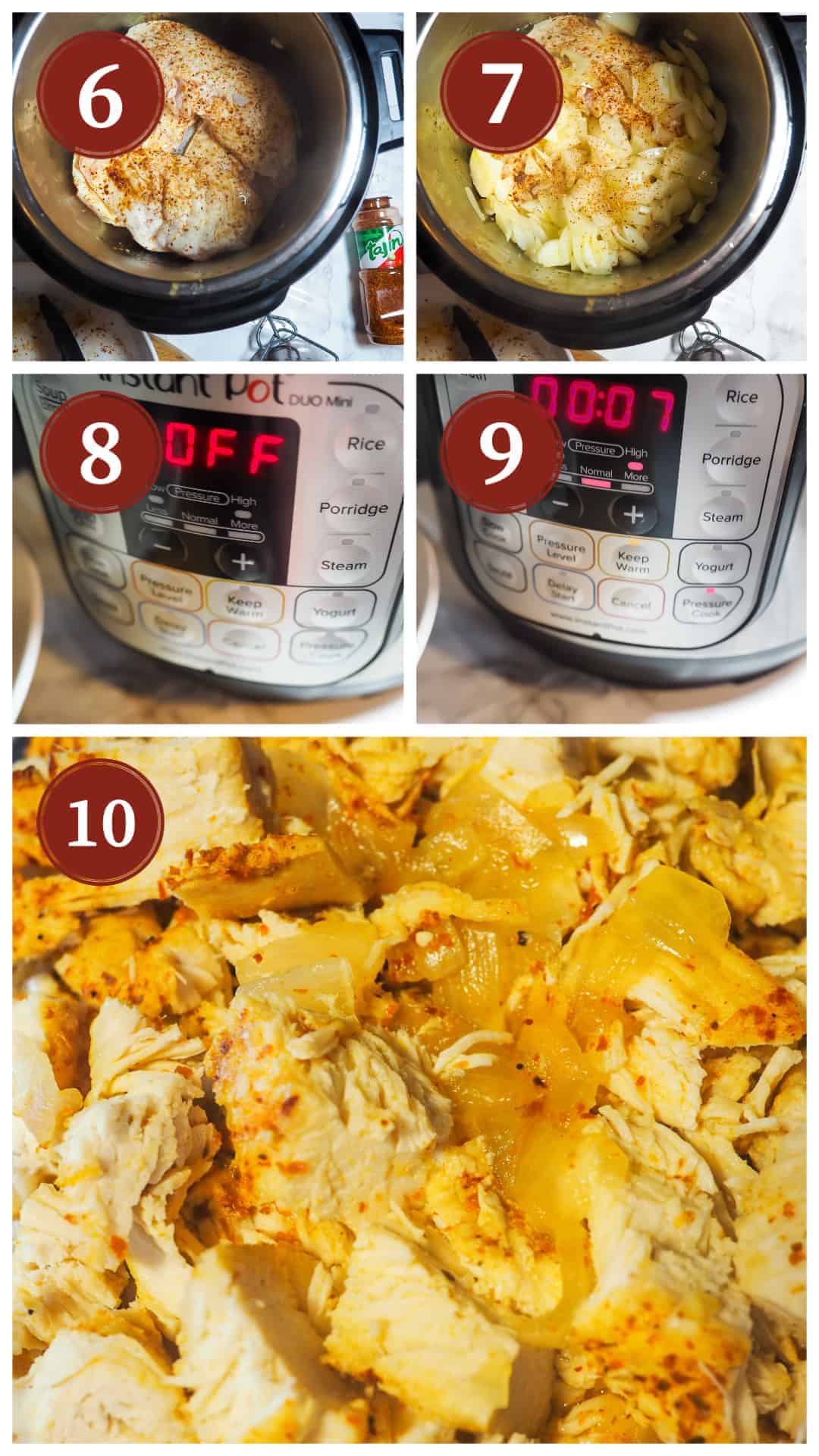 A process collage of images for making chili lime chicken an instant pot, steps 6 - 10.