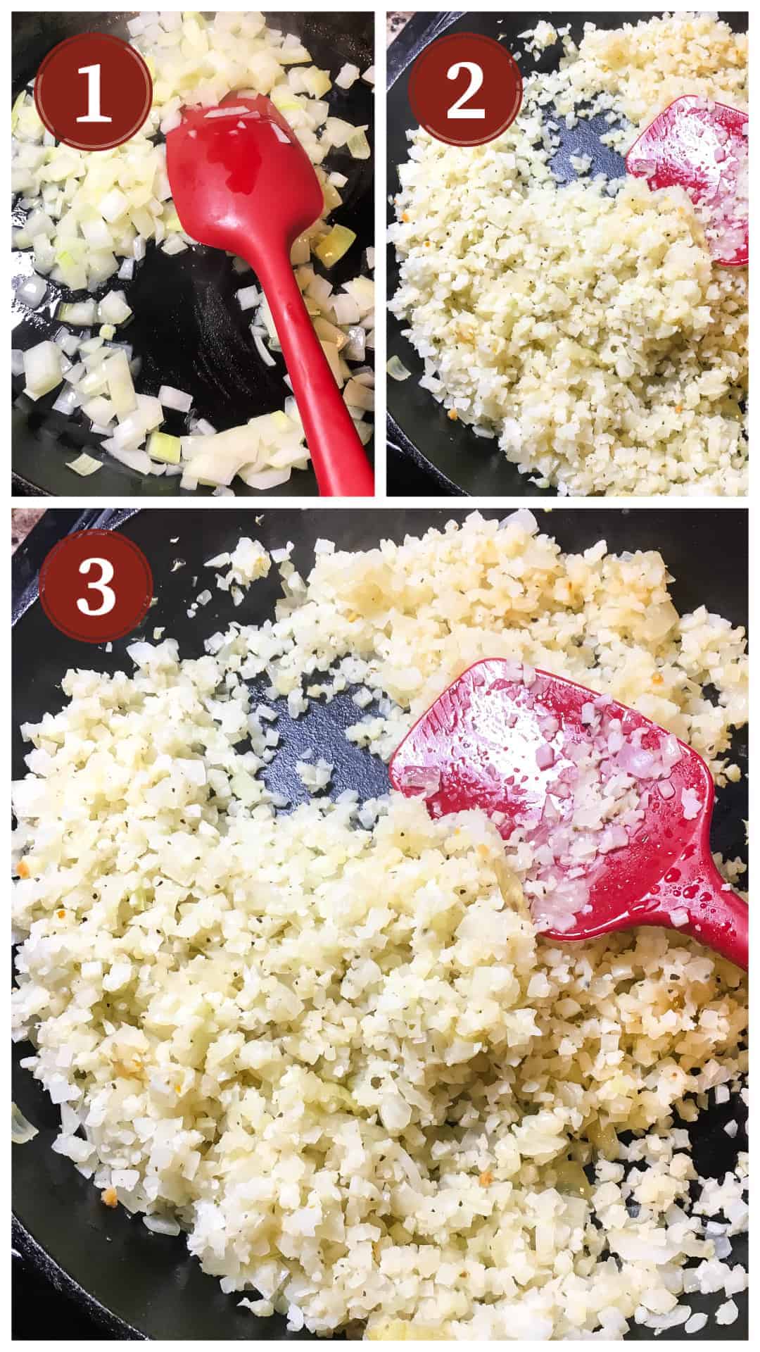 A collage of images showing the process of making cauliflower rice in a cast iron pan.