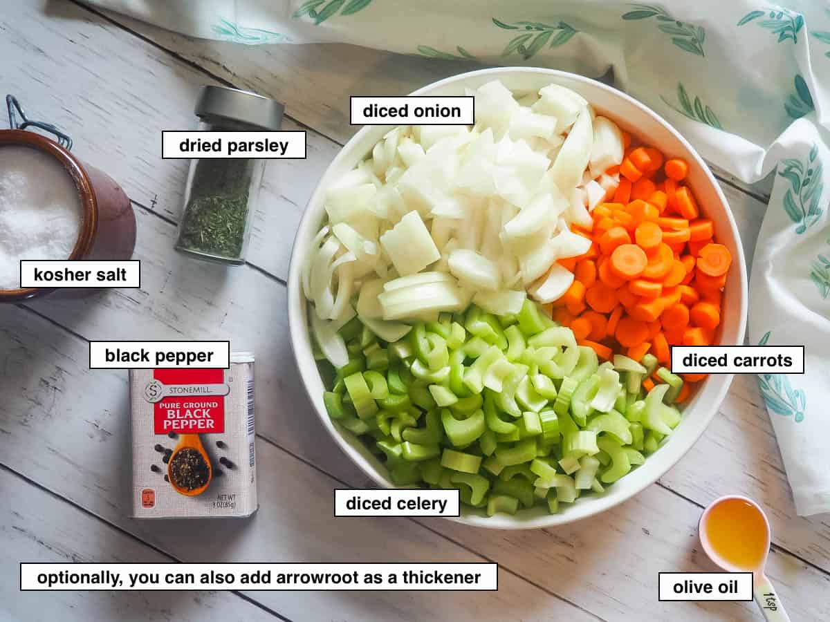 A picture of the ingredients in paleo chicken noodle soup, labeled.
