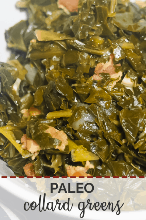 A pin image of a white bowl of collard greens with bits of bacon.