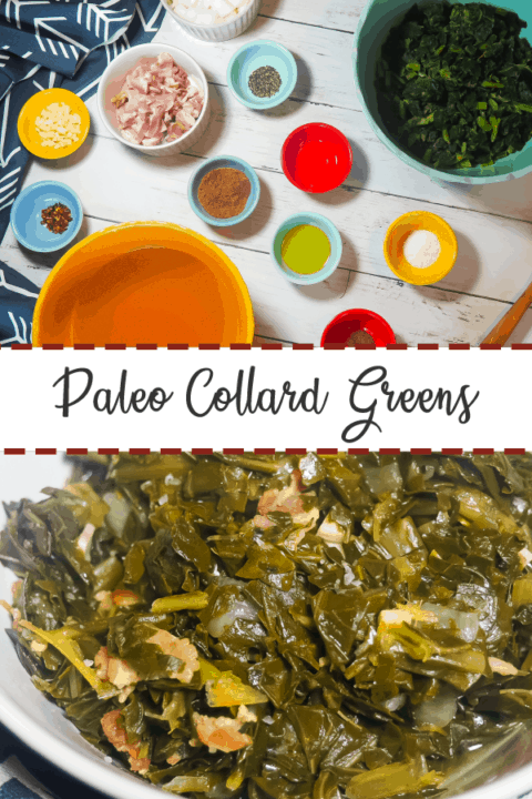 A pin image of the ingredients in collard greens on the top and a white bowl of cooked collard greens with bits of bacon.