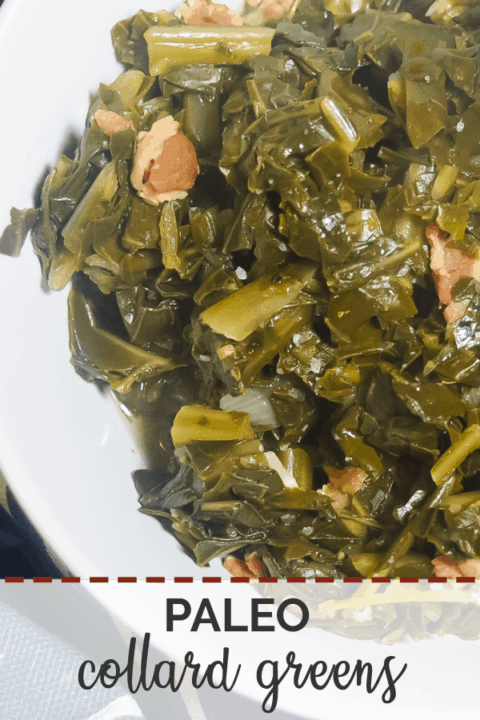 A pin image of a white bowl of cooked paleo collard greens with bits of bacon.