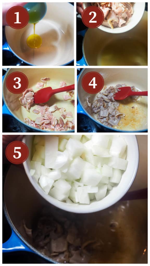A collage of pictures of the process of cooking collard greens. Steps 1 - 5.