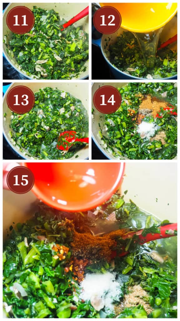 A collage of pictures showing the process of cooking collard greens, steps 11 - 15.