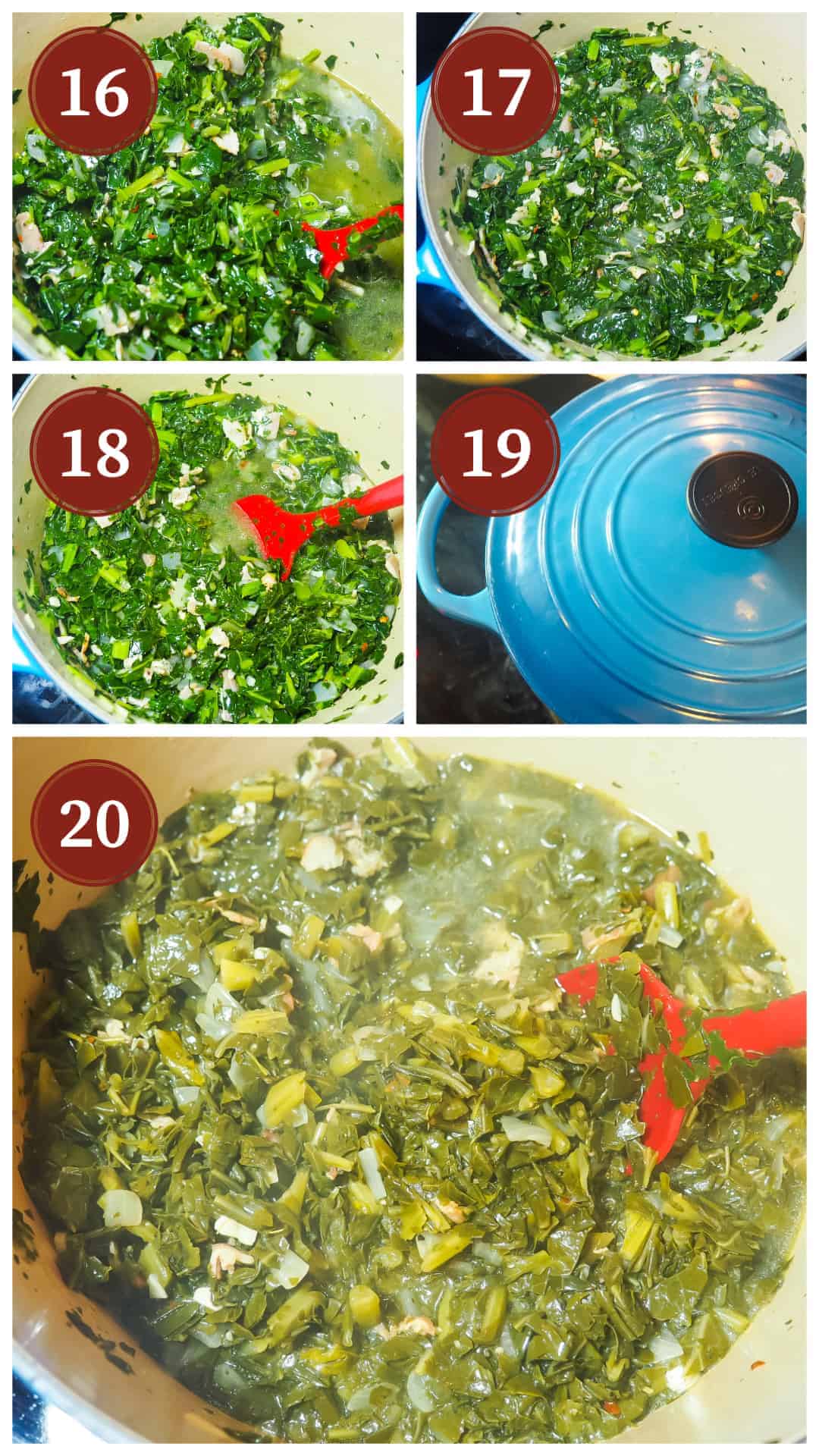 A collage of pictures of the process of cooking collard greens. Steps 16 - 20.