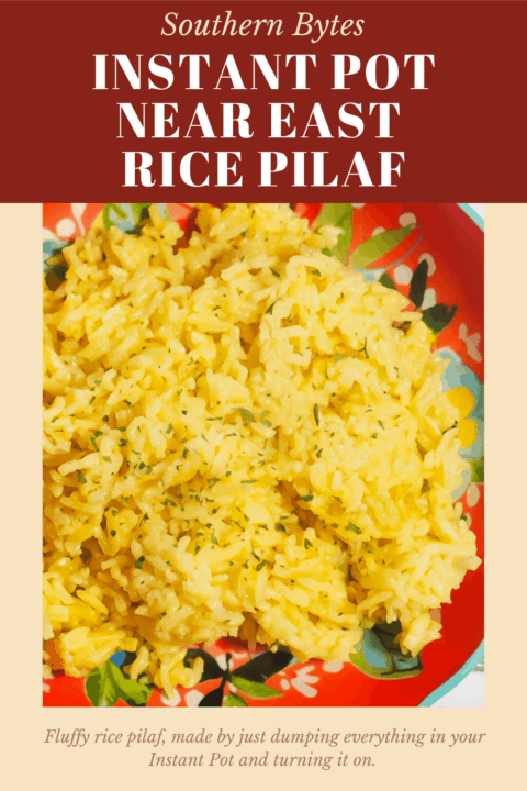 A pin image of a red bowl filled with Instant Pot rice pilaf.