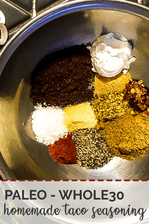 A pin image of the ingredients in taco seasoning in a bowl, unmixed.