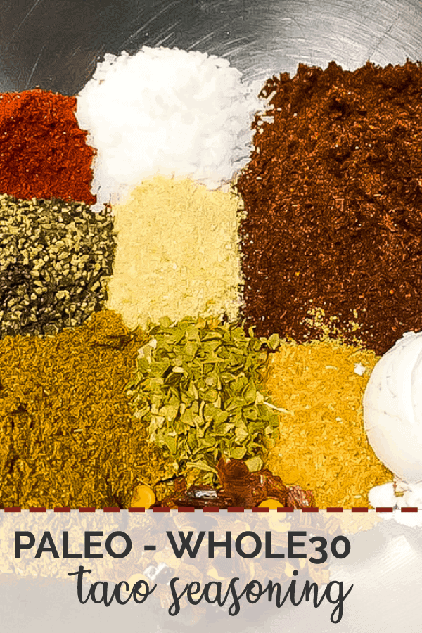 A pin image of the ingredients in taco seasoning in a bowl, unmixed.