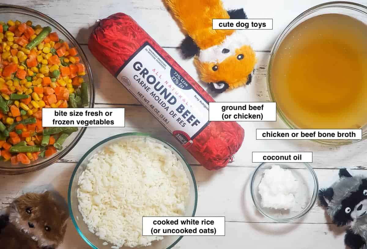 The ingredients of homemade dog food, labeled on a wood board.