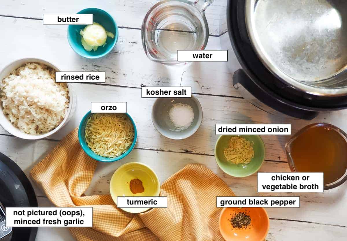 An image of the ingredients for instant pot rice pilaf, labeled.