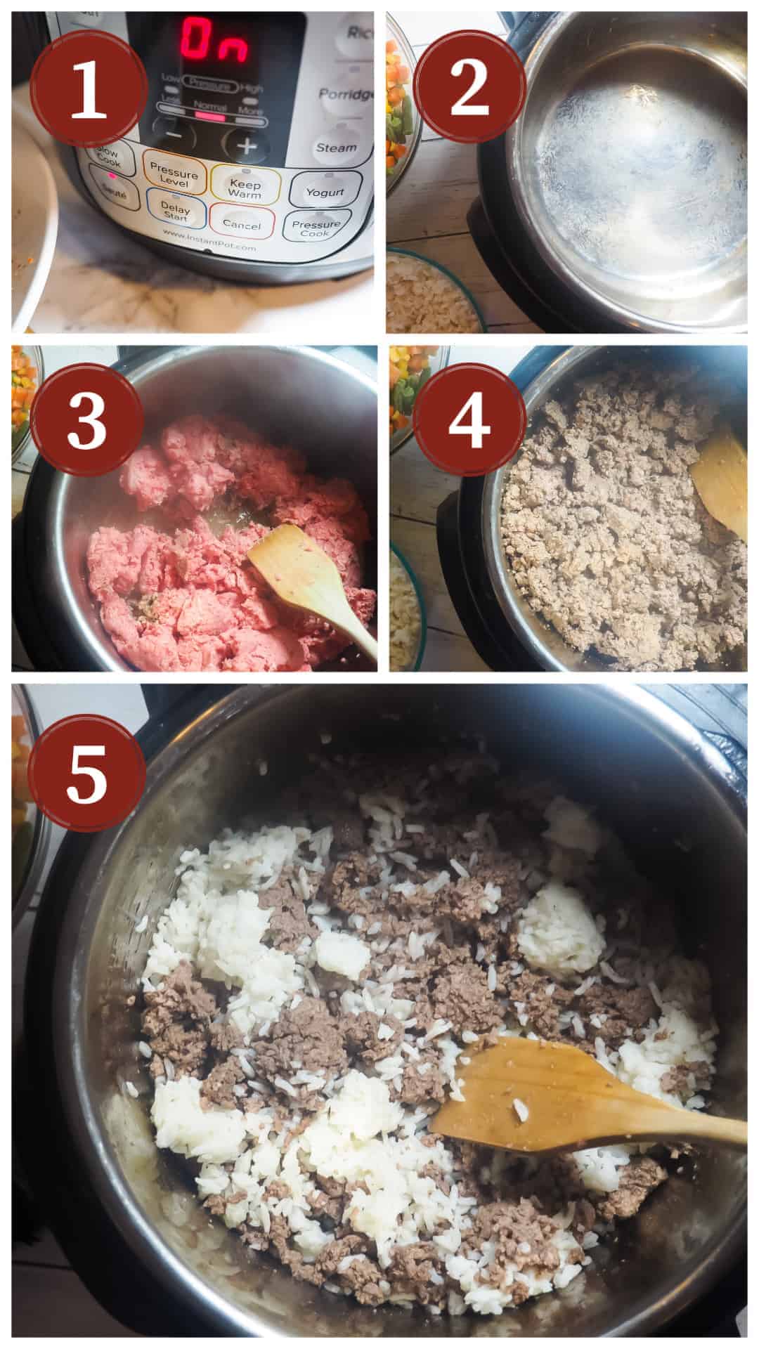 A process collage of images for making instant pot dog food, steps 1 - 5.