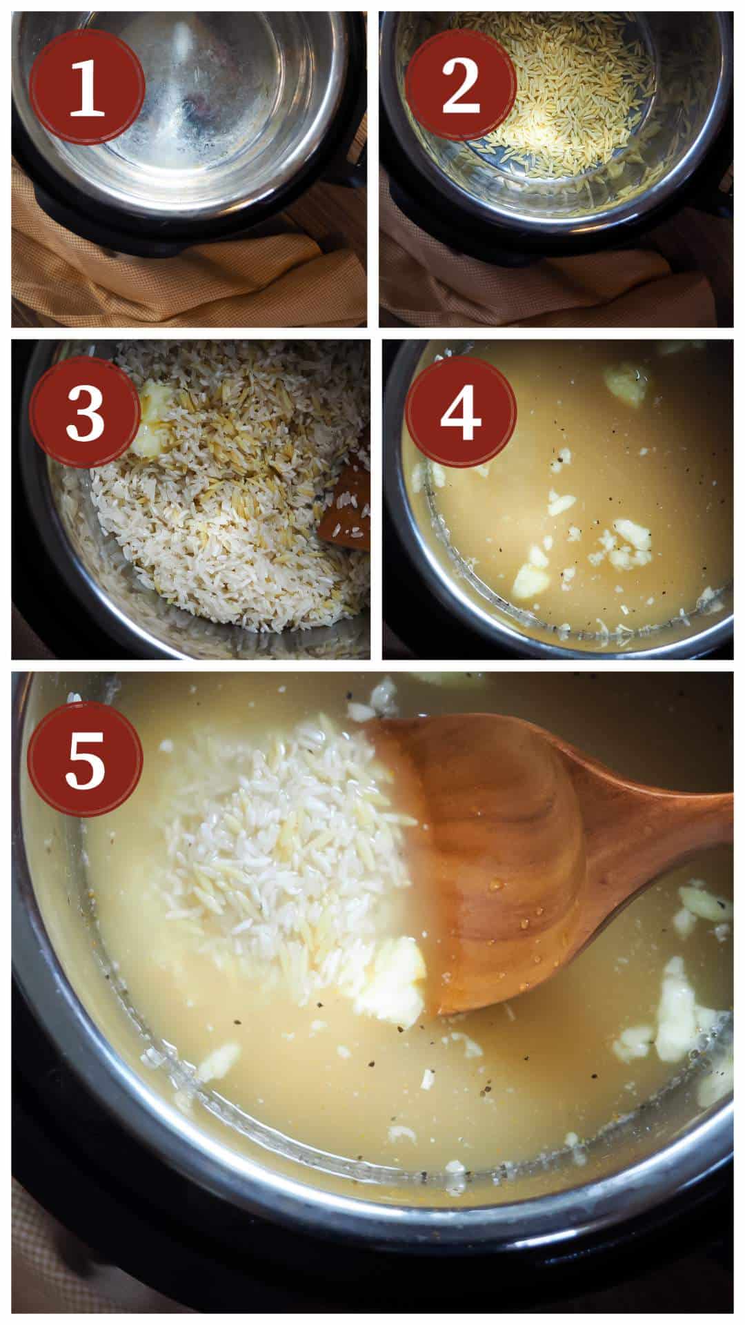 A collage of photos showing the process of making rice pilaf in an instant pot, steps 1 - 5.