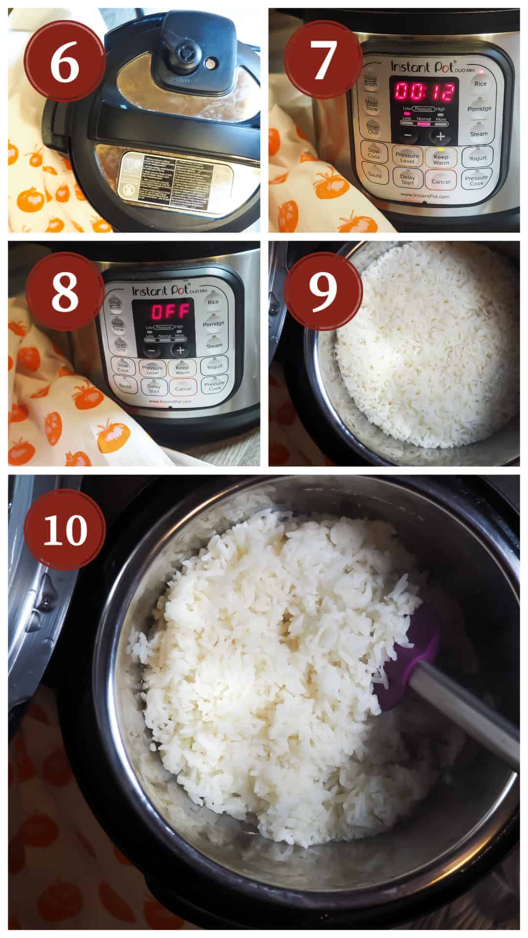 A collage of pictures of the process of cooking white rice in an instant pot. Steps 6 - 10.