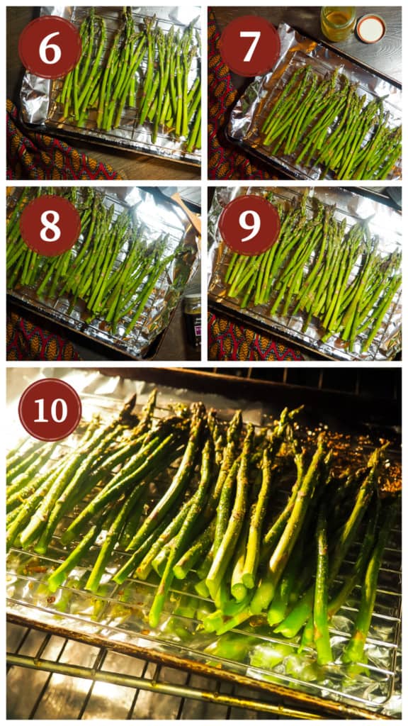 A collage of pictures of the process of cooking oven roasted asparagus, steps 6 - 10.