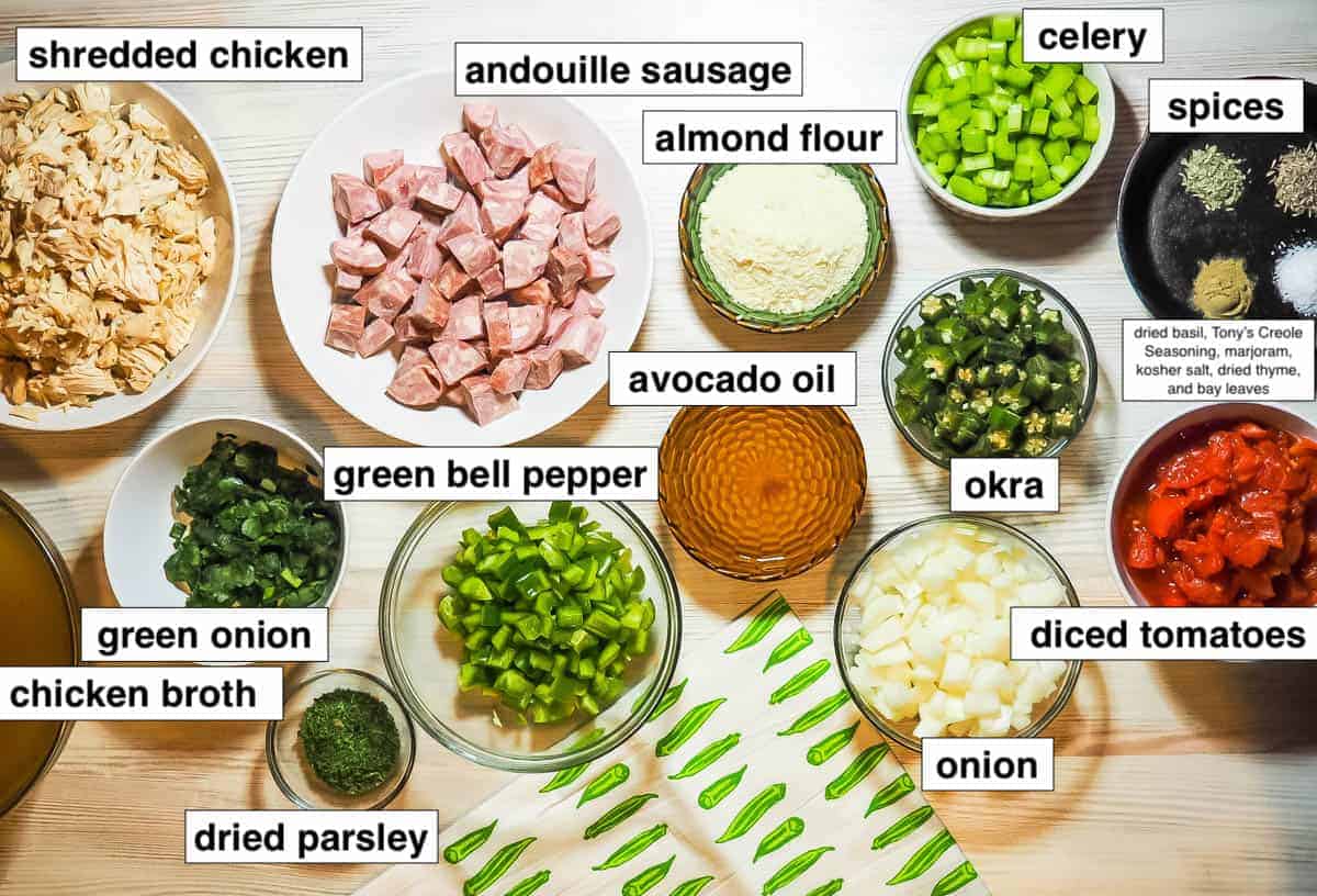 A picture of the ingredients for paleo chicken and sausage gumbo, labeled.