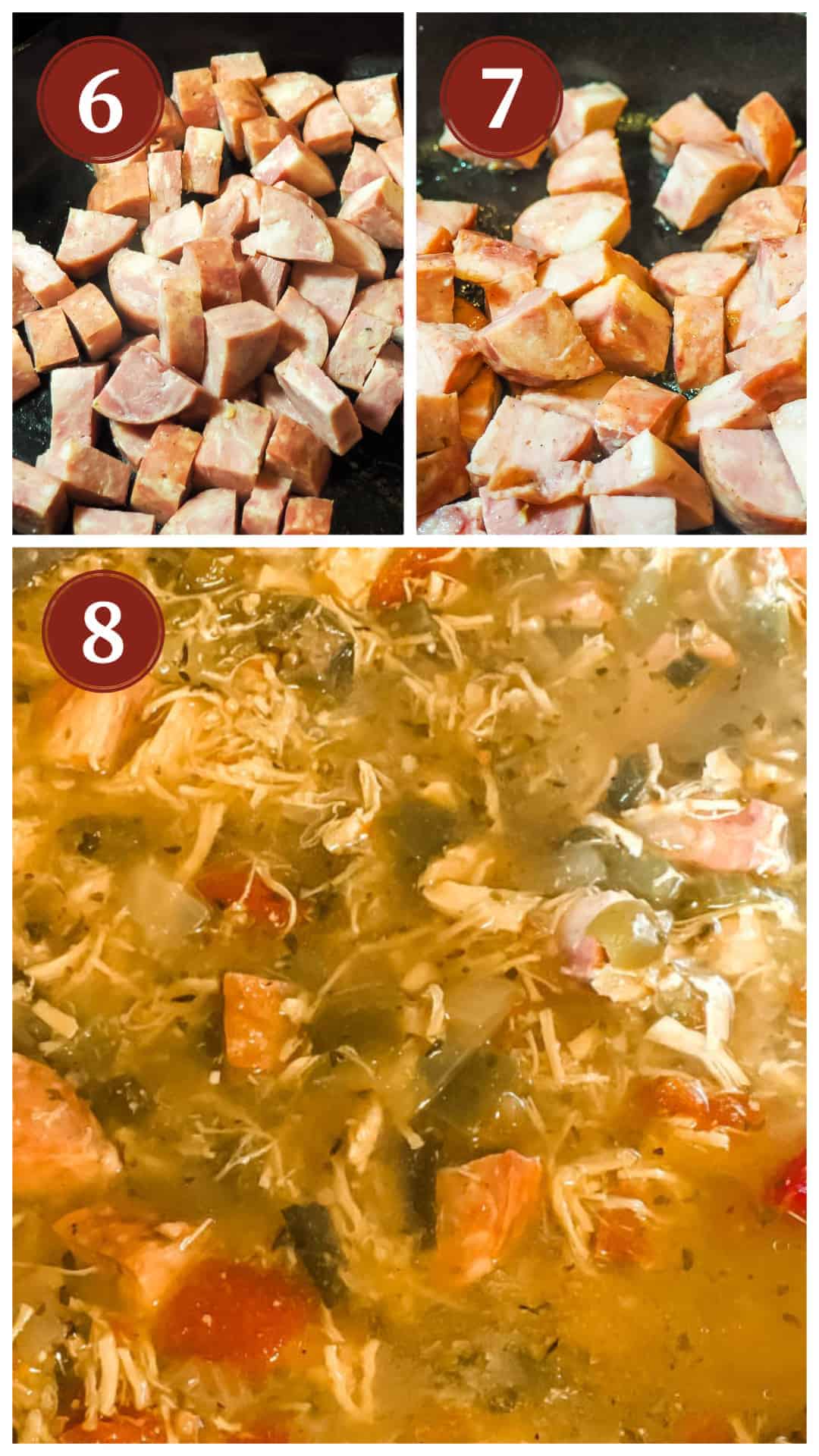 A collage of images showing how to cook andouille sausage for gumbo.