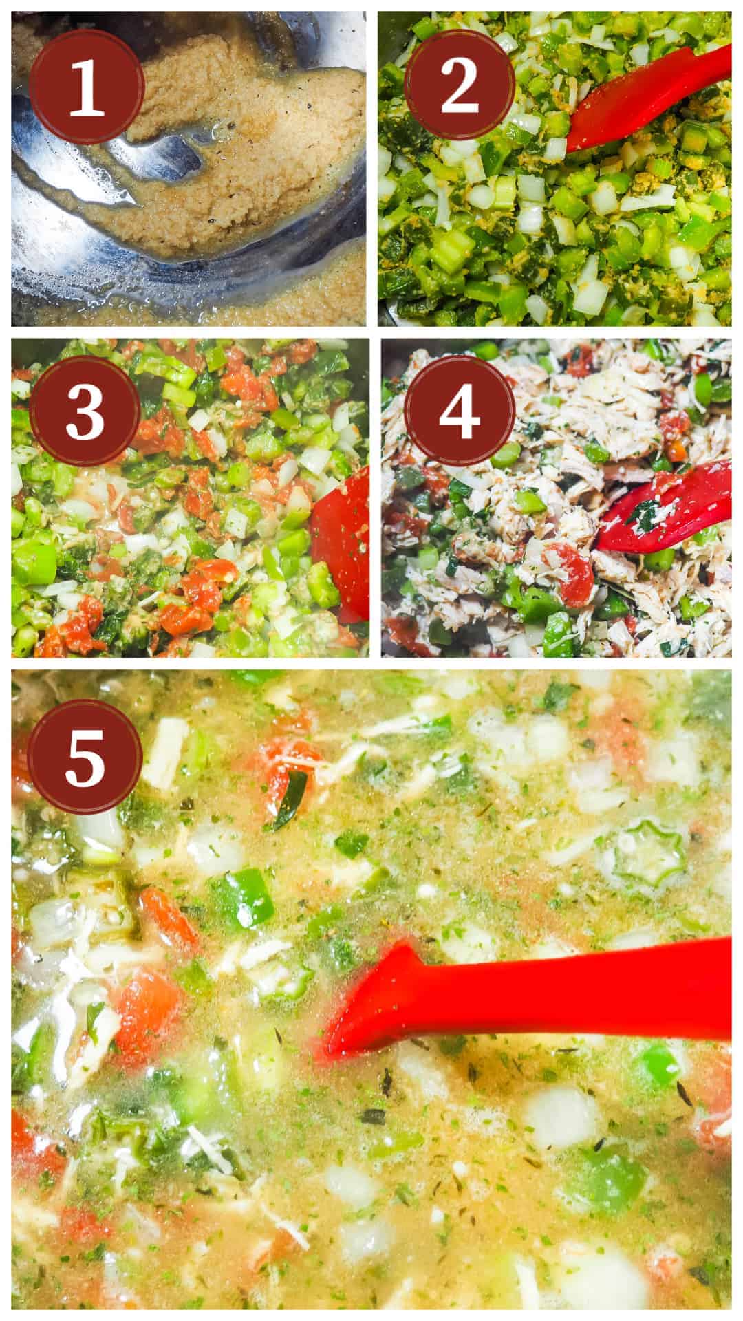 A collage of image showing the process of cooking chicken and sausage gumbo.