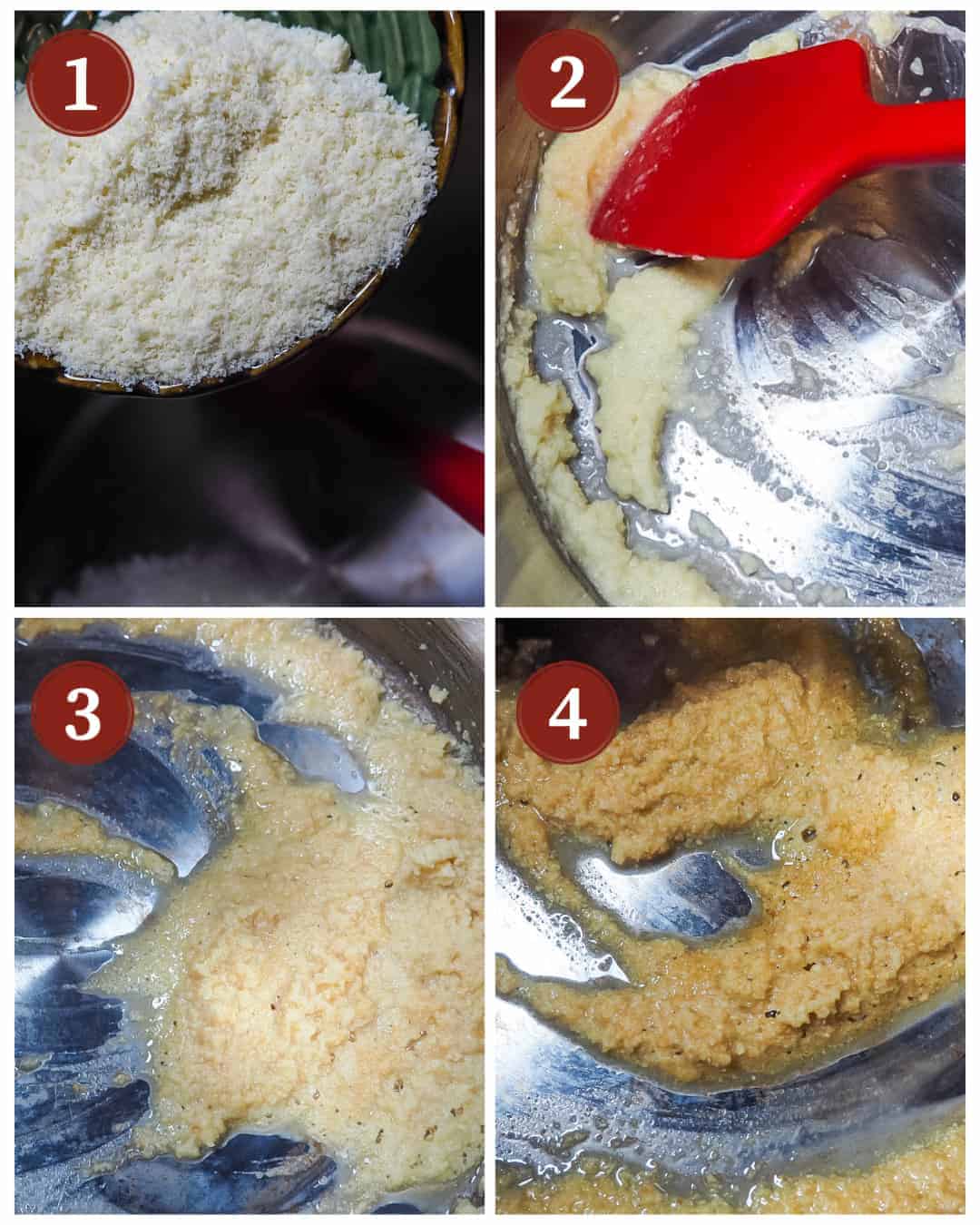 A collage of images showing the steps to perfectly cook a paleo roux for gumbo.