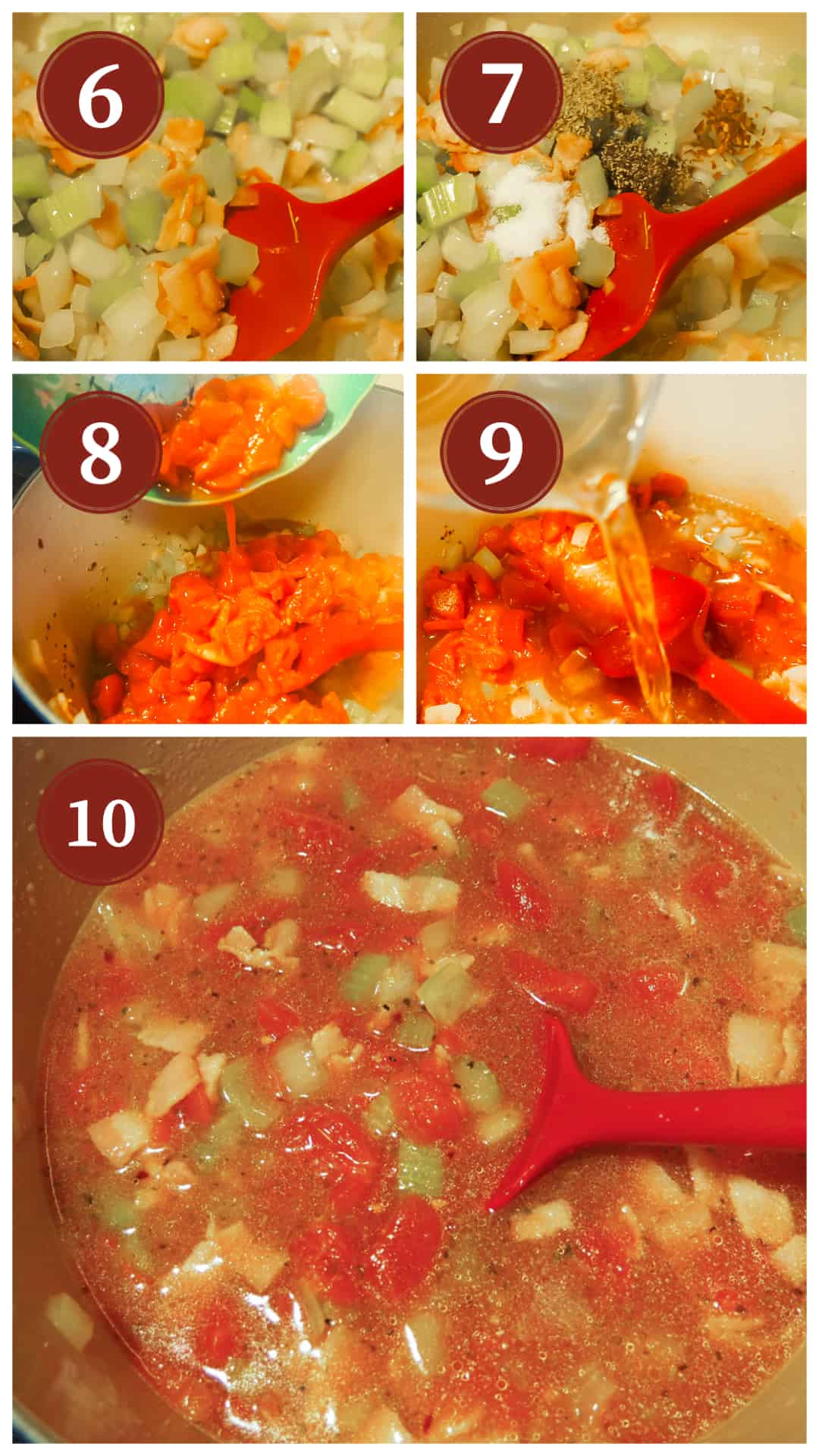 Images of the process of making pasta e fagioli, steps 6 - 10.