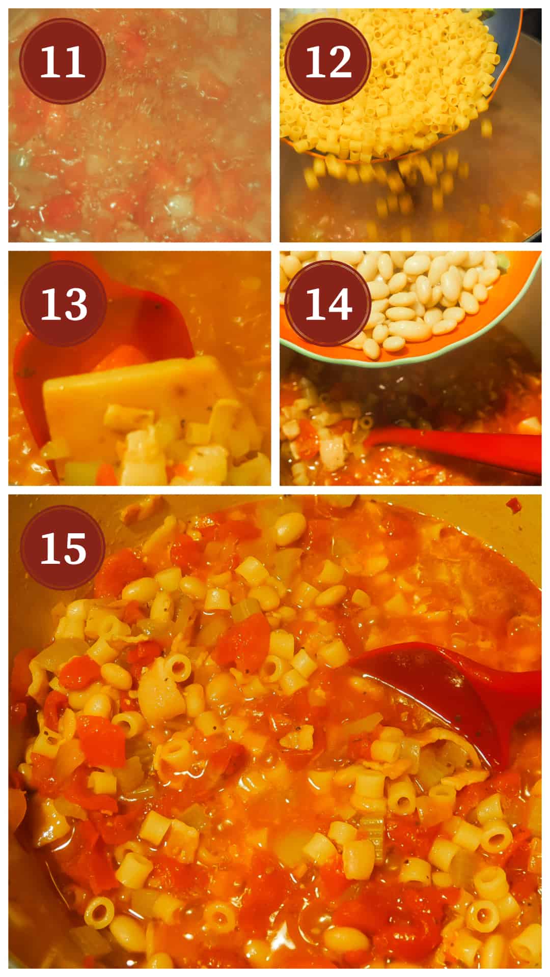 Images of the process of making pasta e fagioli, steps 11 - 15.