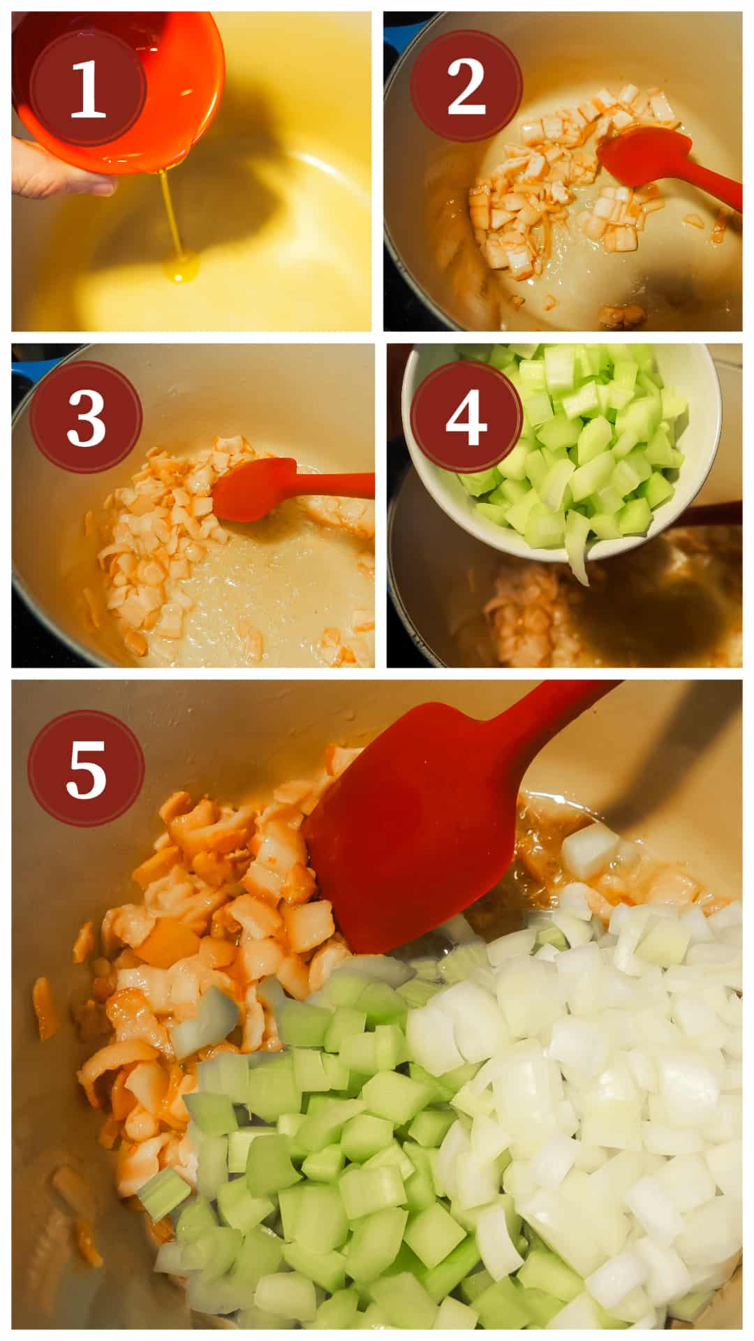 Images of the process of making pasta e fagioli, steps 1 - 5.