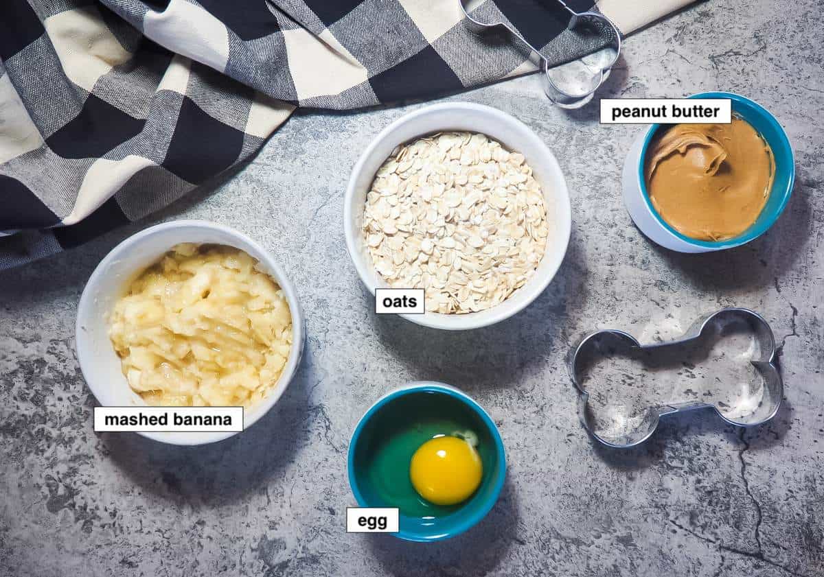 A picture of the ingredients of peanut butter and banana dog treats: oats, peanut butter, banana, and an egg.
