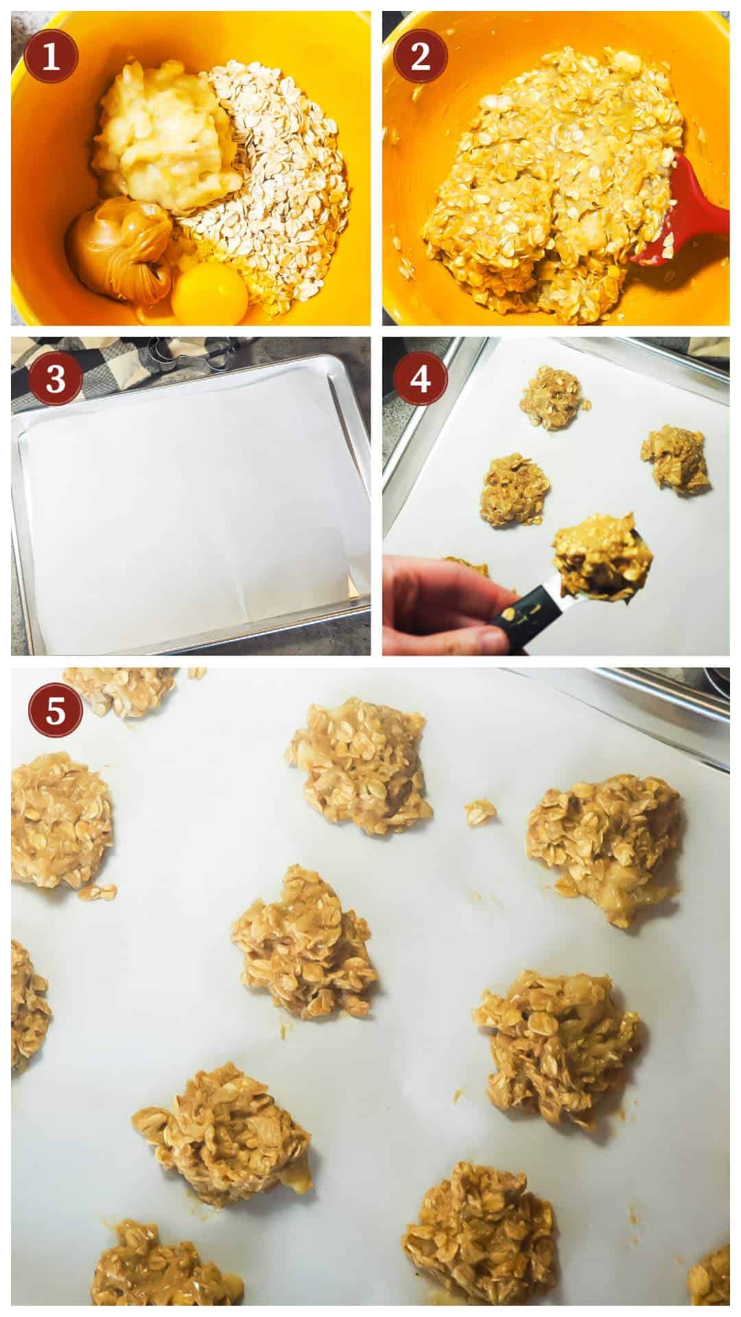 A collage of images showing the process for making homemade peanut butter and banana dog treats. Steps 1 - 5.