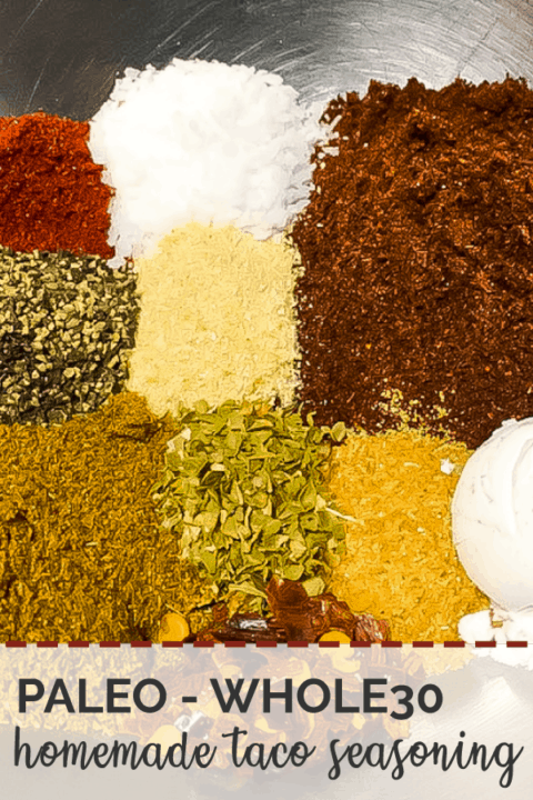 A pin image of the ingredients in taco seasoning in a bowl, unmixed.