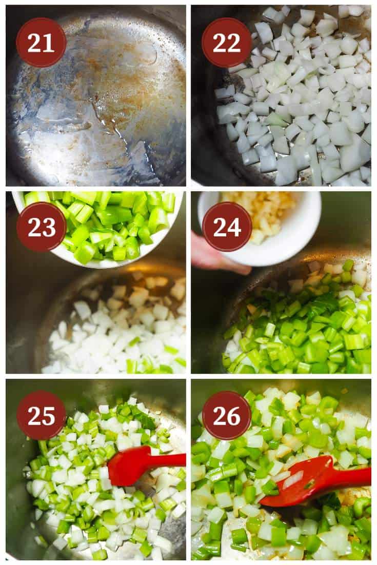 A process collage of images for making red beans, steps 21 - 22. Sautéing the vegetables.