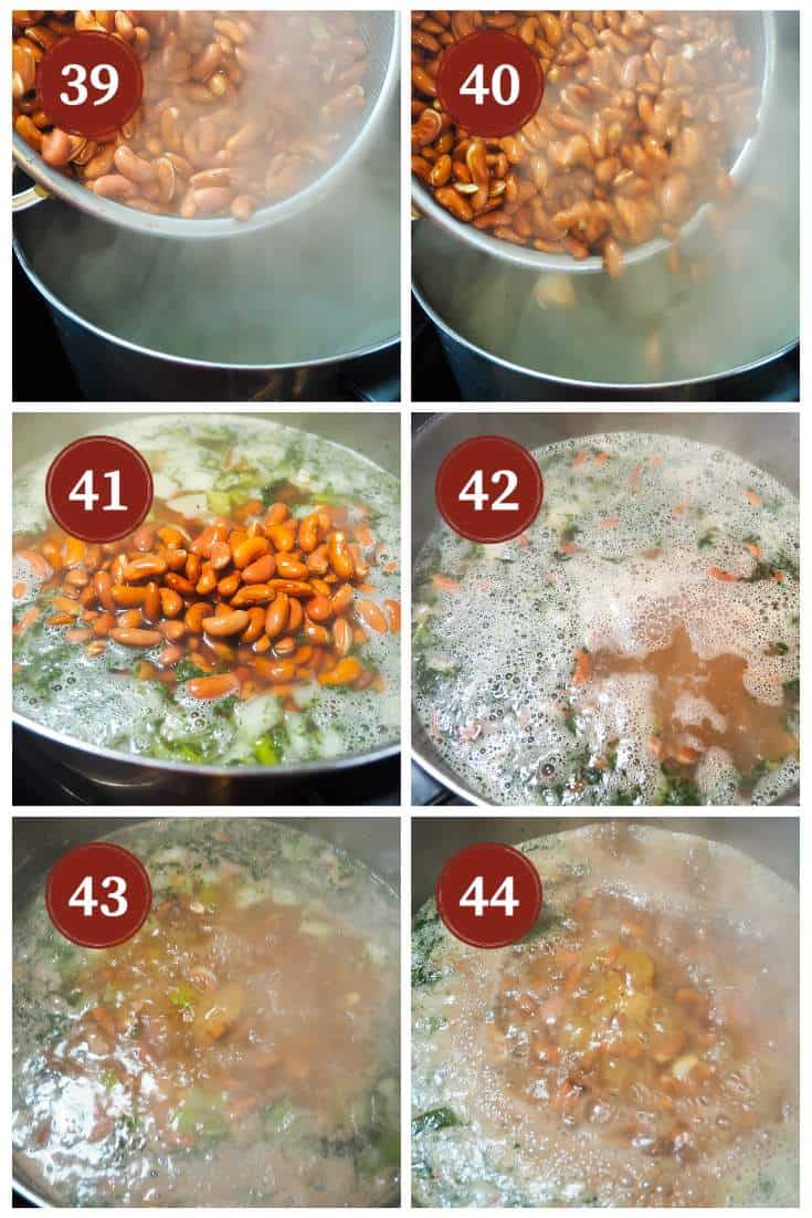 A process collage of images for making red beans, steps 39 - 44. Adding the red beans.
